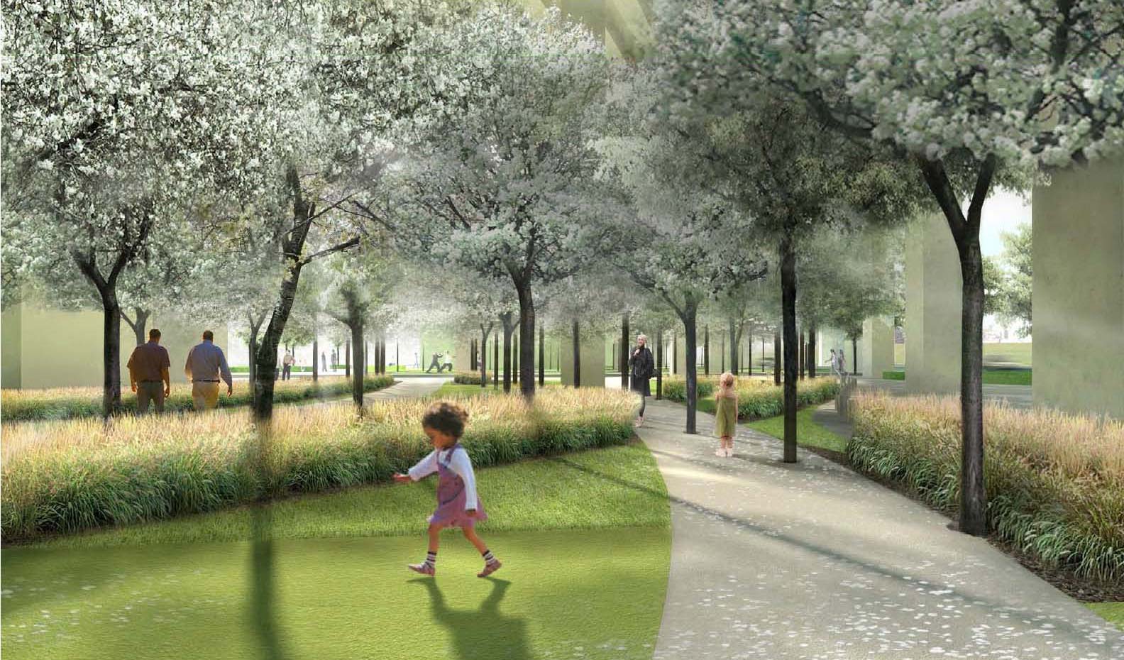 an artist's rendering of a park with trees and people walking.