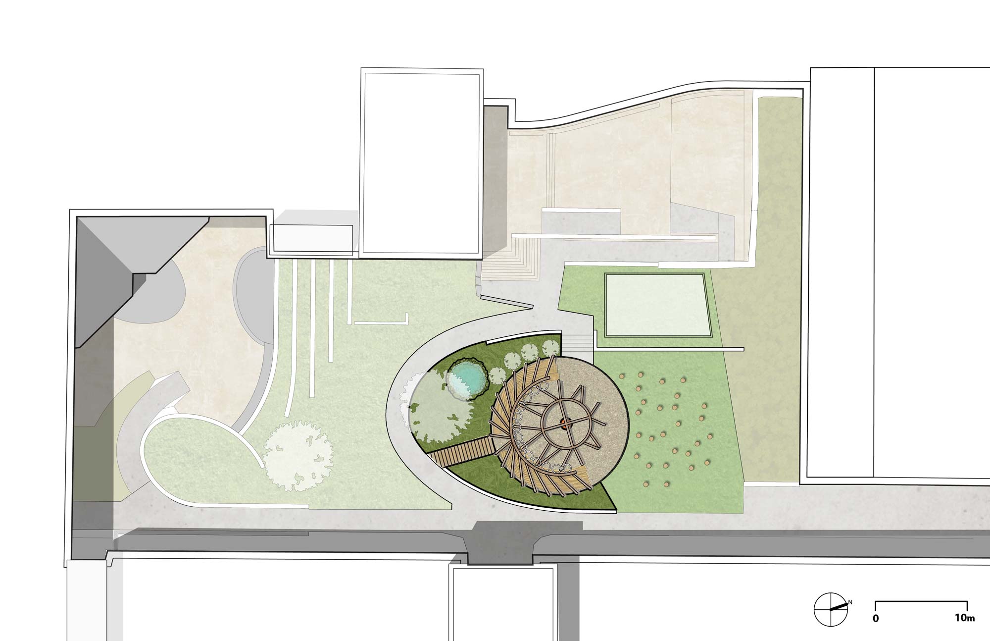 a plan of a garden with a table and umbrella.