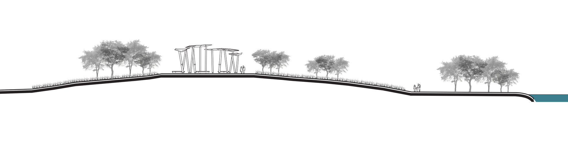a drawing of a park with trees and a bridge.