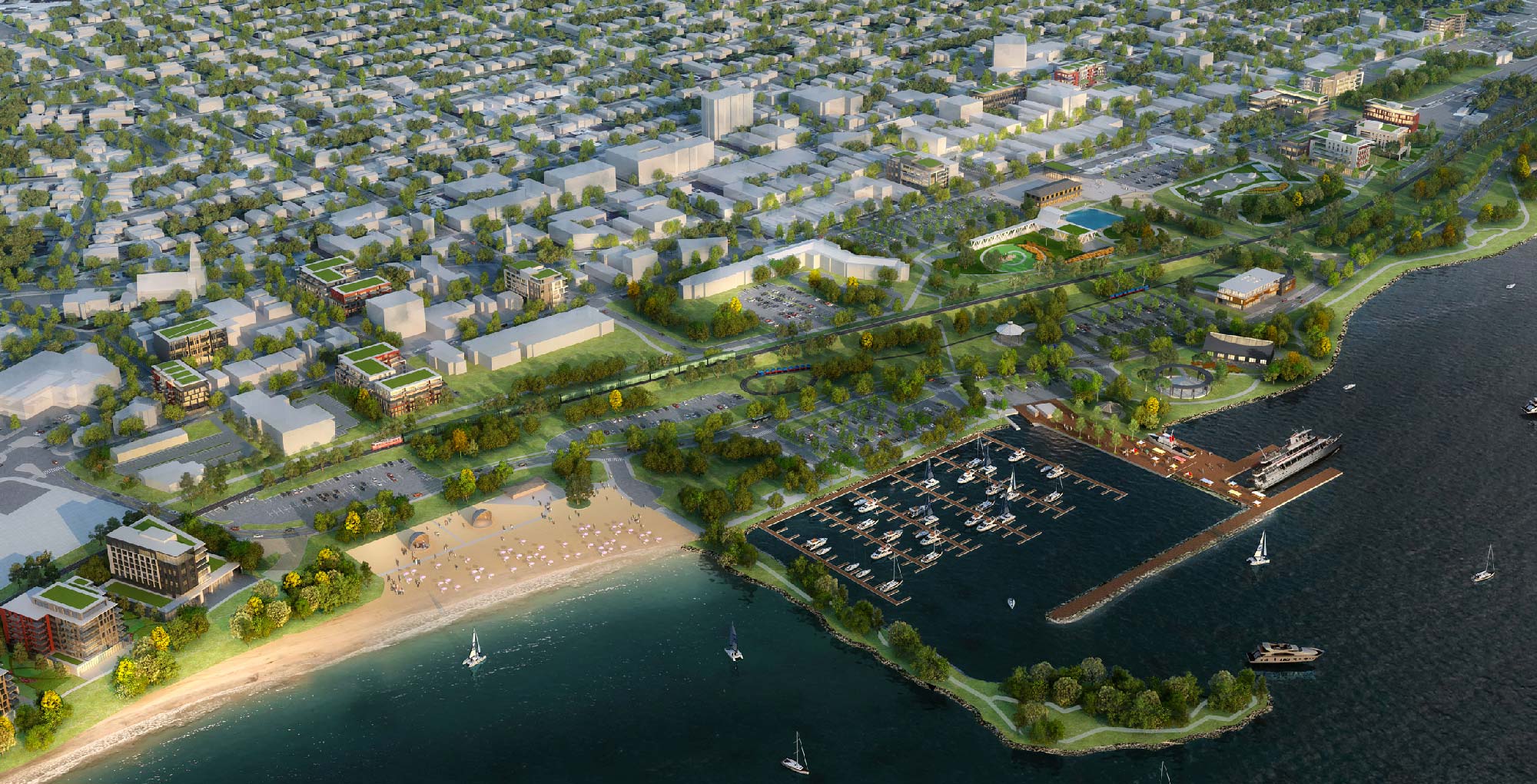 an artist's rendering of a waterfront area in a city.