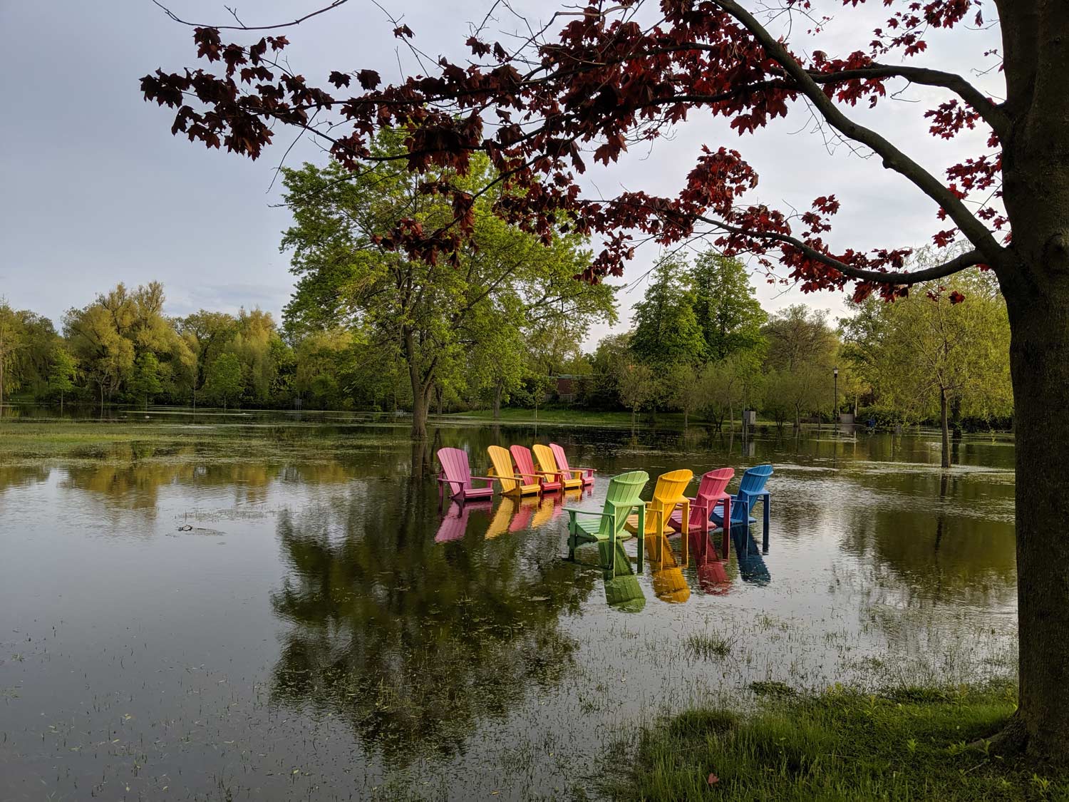 a row of colorful chairs sitting on top of a lake.