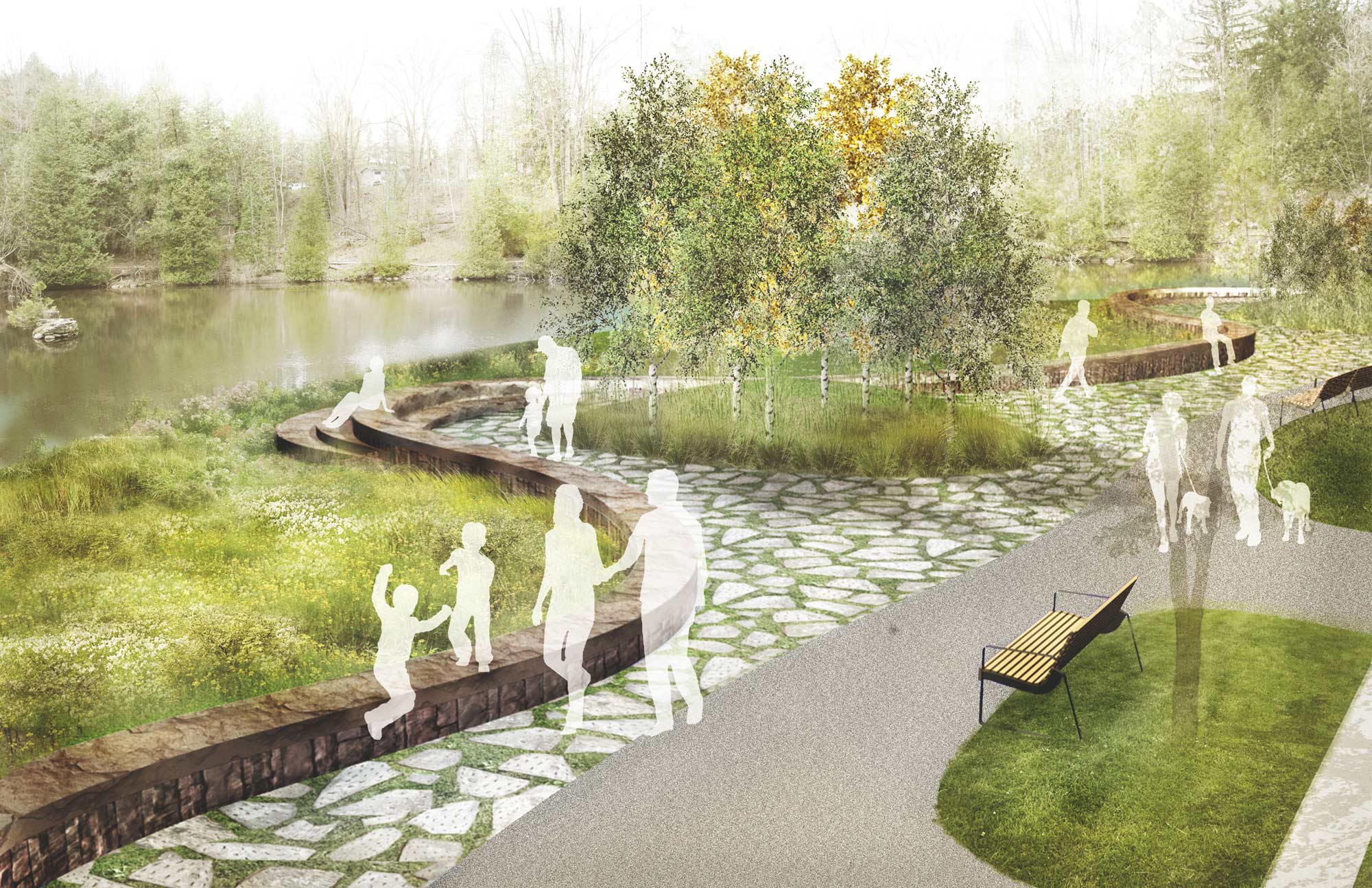 a rendering of a park with people walking and sitting.