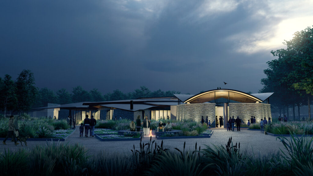 An artist's rendering of a building at night.