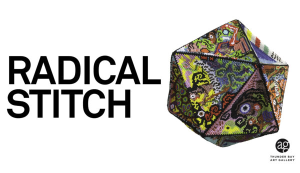 The word radical stitch is written on a piece of art.